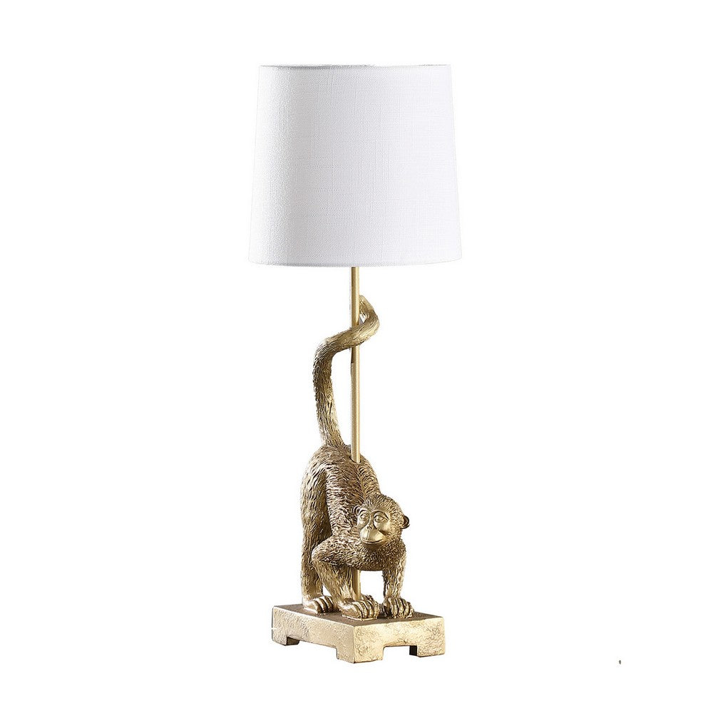 Benjara Ree 24 Inch Accent Table Lamp, Monkey Resin Sculpture, Drum Shade, Gold