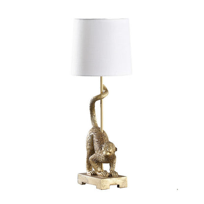 Benjara Ree 24 Inch Accent Table Lamp, Monkey Resin Sculpture, Drum Shade, Gold