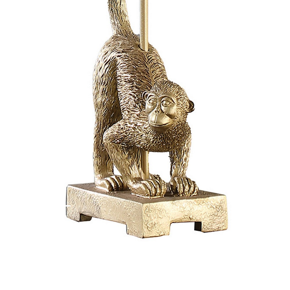 Benjara Ree 24 Inch Accent Table Lamp, Monkey Resin Sculpture, Drum Shade, Gold