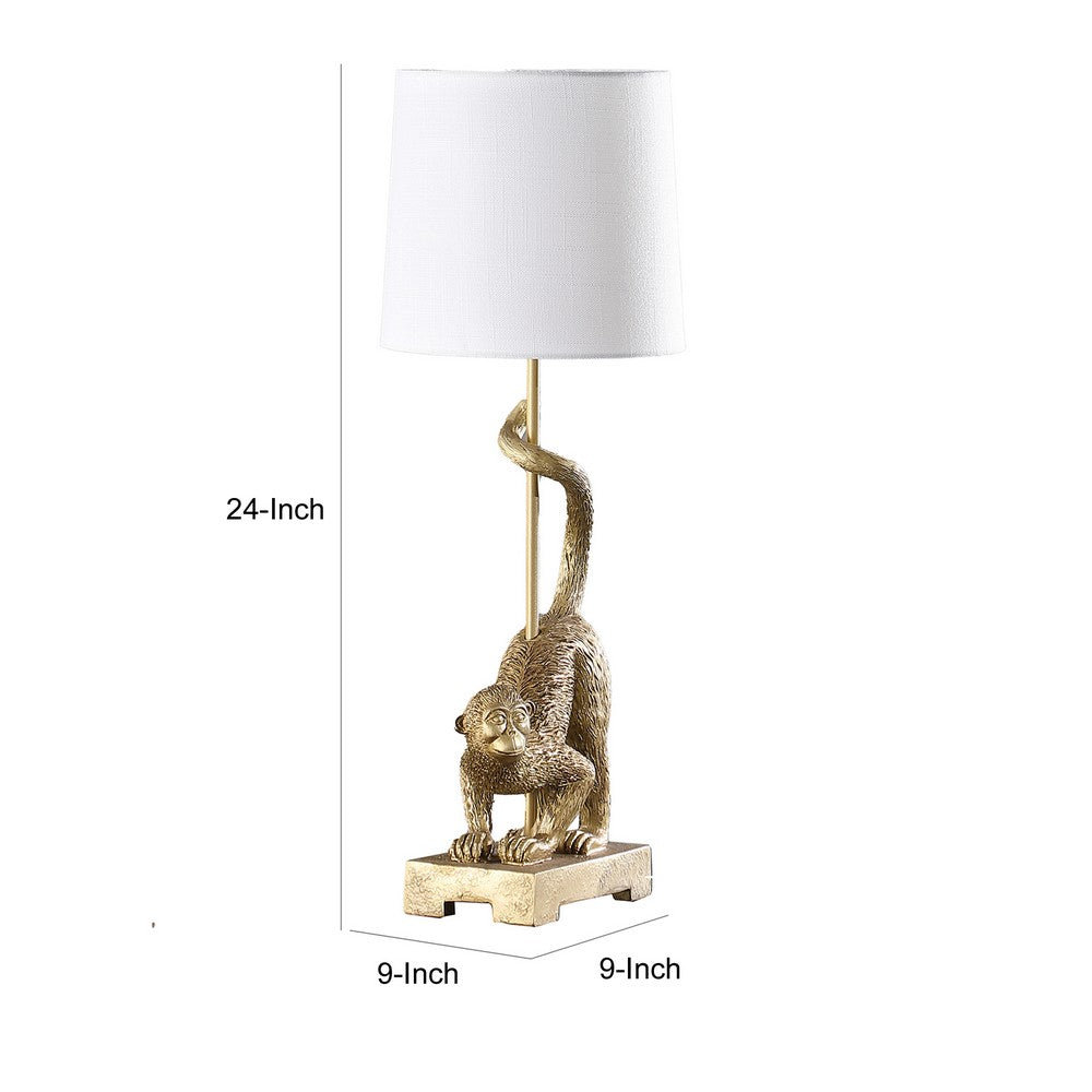 Benjara Ree 24 Inch Accent Table Lamp, Monkey Resin Sculpture, Drum Shade, Gold