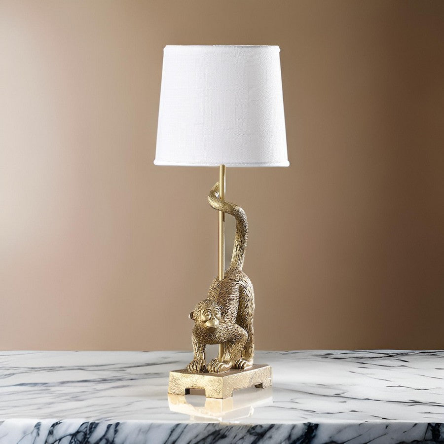 Benjara Ree 24 Inch Accent Table Lamp, Monkey Resin Sculpture, Drum Shade, Gold