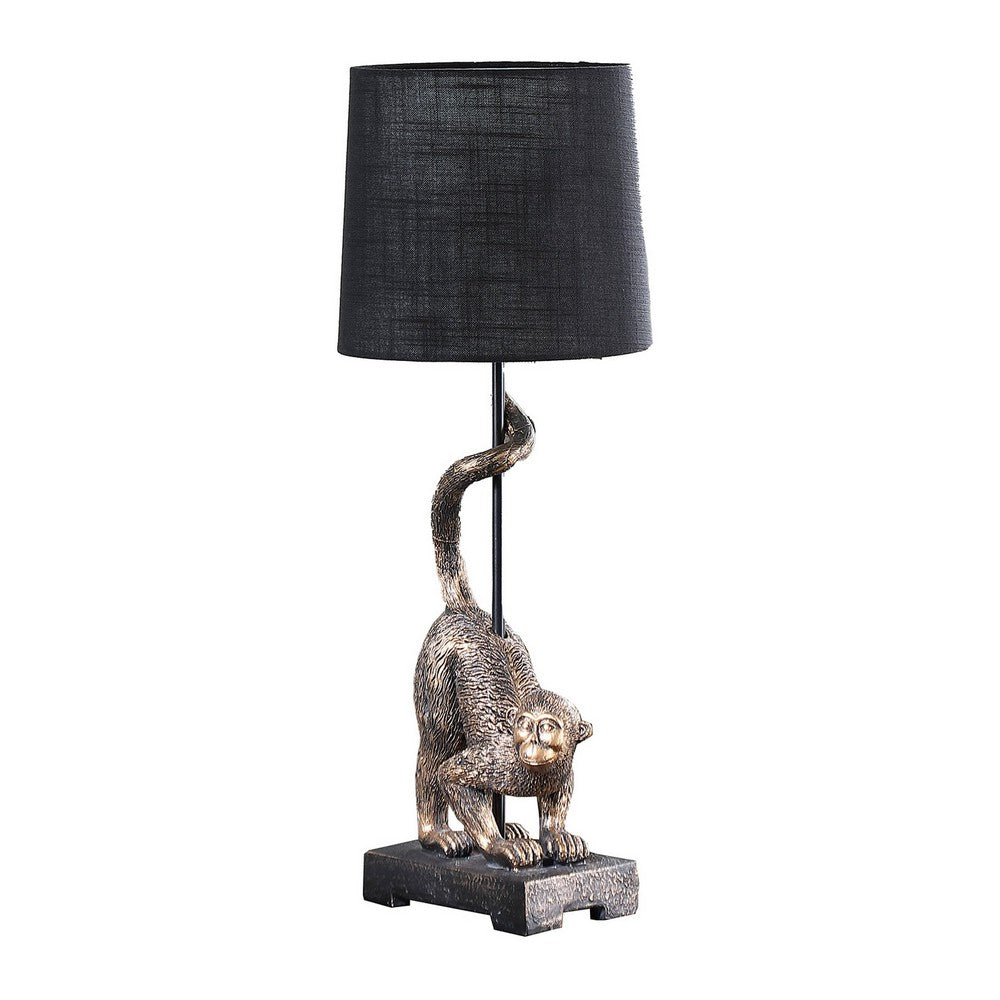 Benjara Ree 24 Inch Accent Table Lamp, Monkey Resin Sculpture, Drum Shade, Bronze