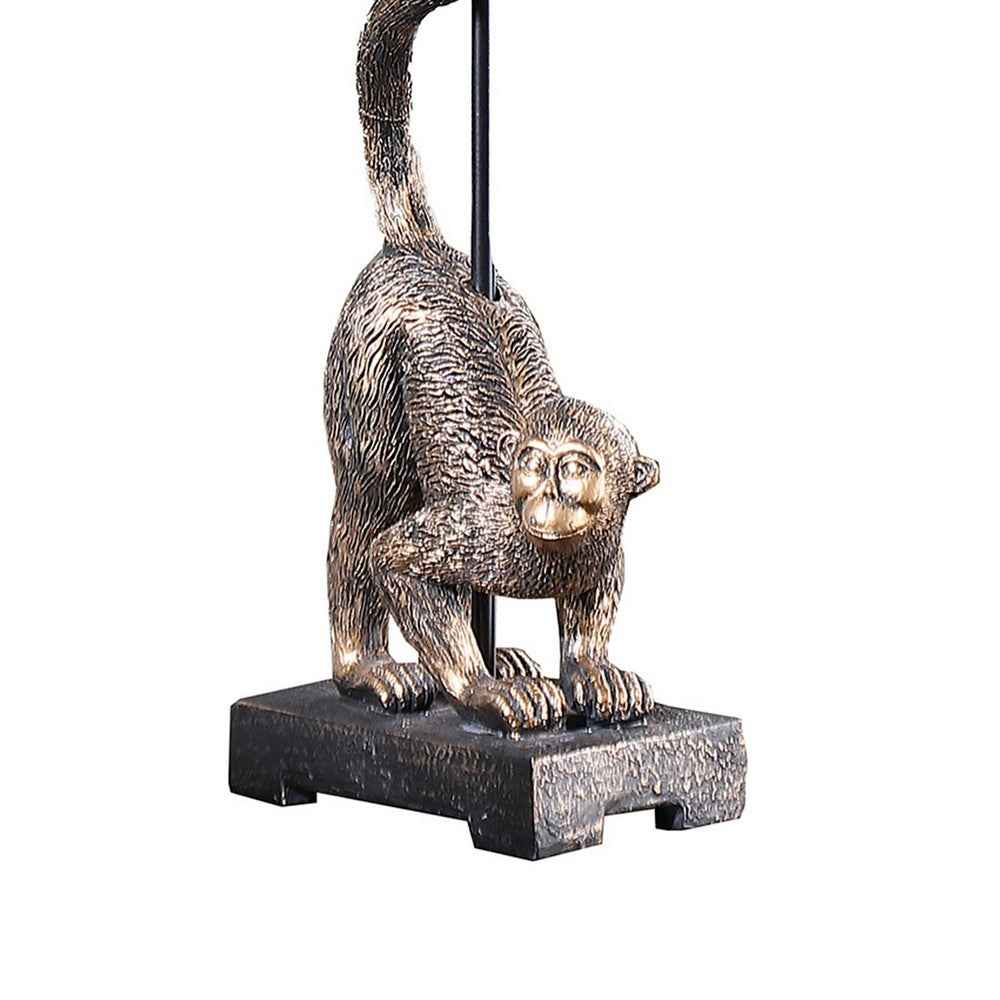 Benjara Ree 24 Inch Accent Table Lamp, Monkey Resin Sculpture, Drum Shade, Bronze