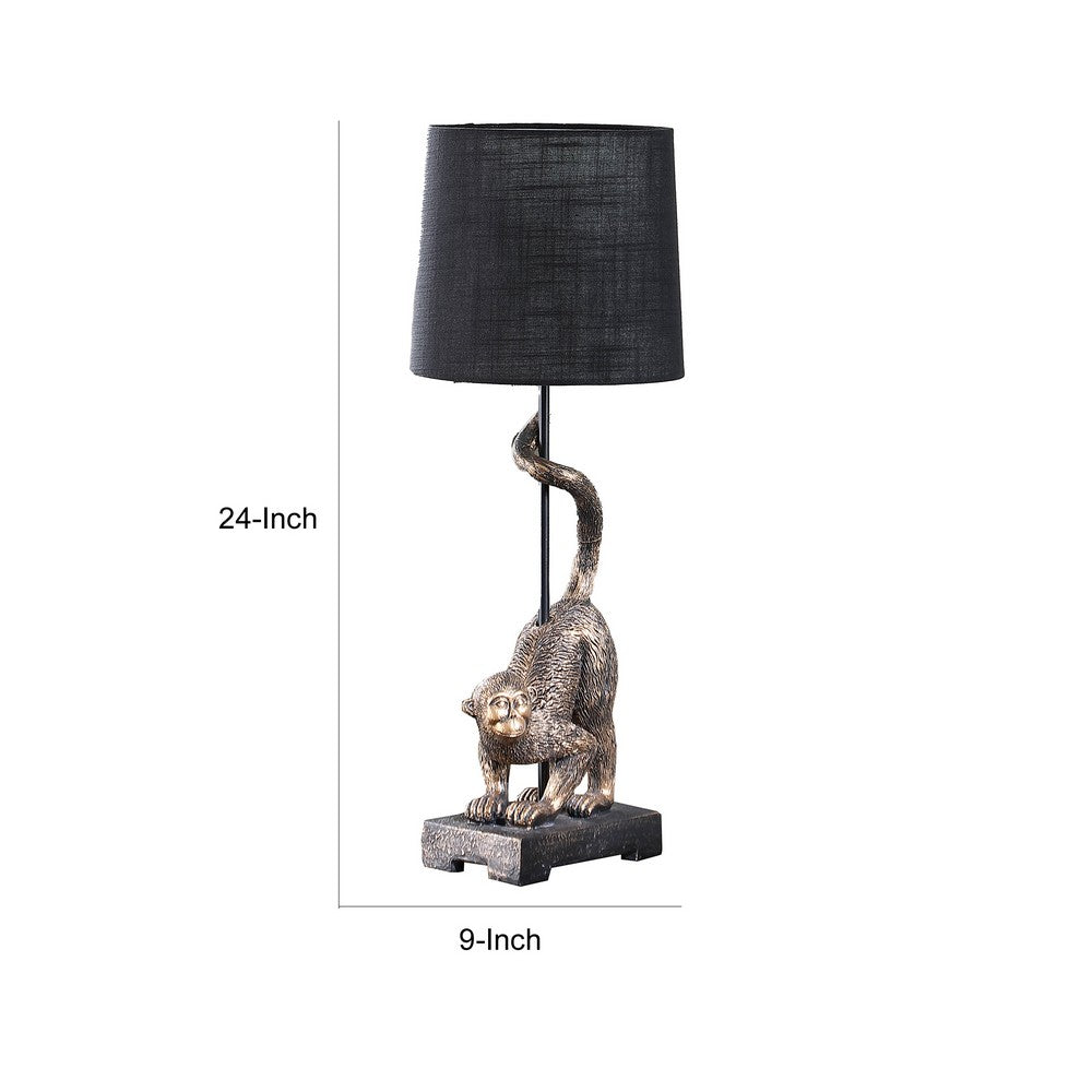 Benjara Ree 24 Inch Accent Table Lamp, Monkey Resin Sculpture, Drum Shade, Bronze