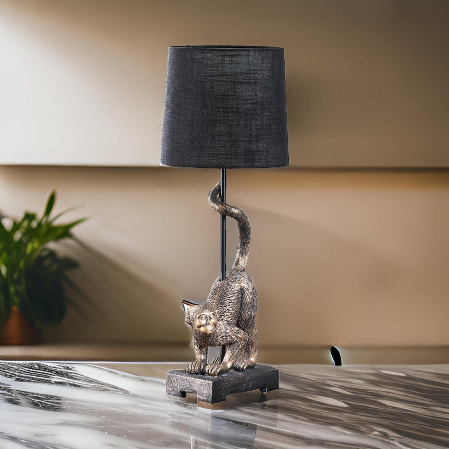 Benjara Ree 24 Inch Accent Table Lamp, Monkey Resin Sculpture, Drum Shade, Bronze