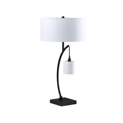 Benjara Jiya 29 Inch Arc Table Lamp, Hanging Design, 2 White Drum Shades, Black