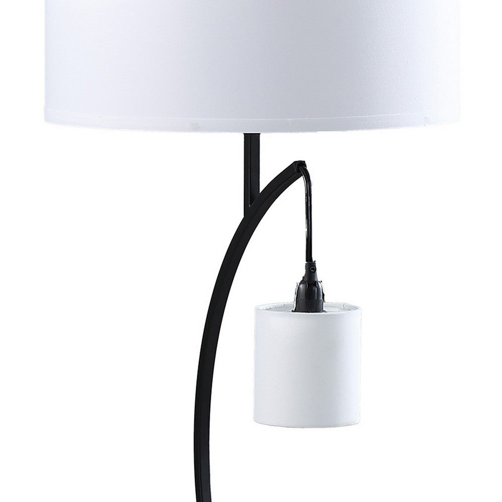 Benjara Jiya 29 Inch Arc Table Lamp, Hanging Design, 2 White Drum Shades, Black