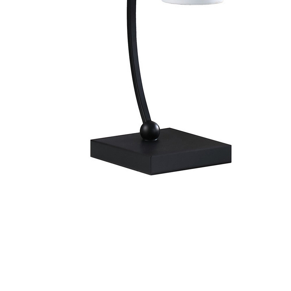 Benjara Jiya 29 Inch Arc Table Lamp, Hanging Design, 2 White Drum Shades, Black