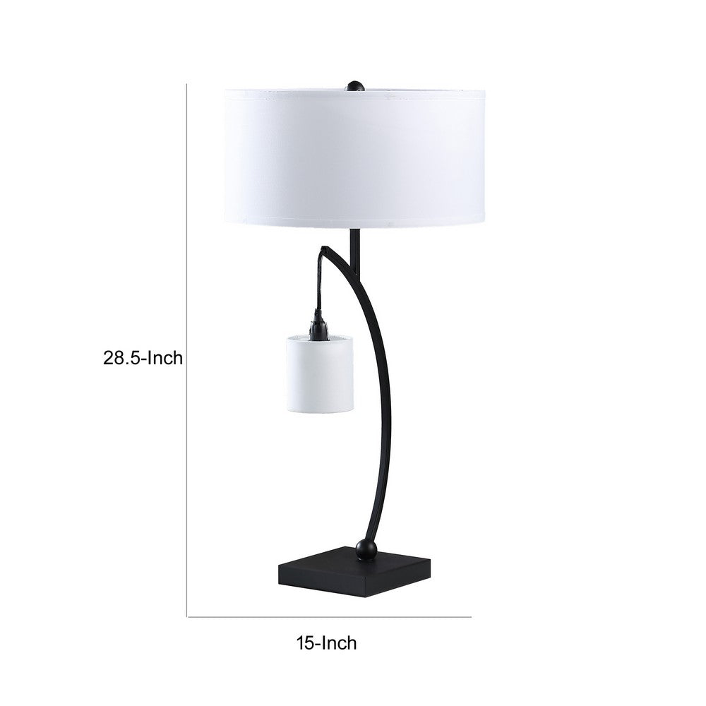 Benjara Jiya 29 Inch Arc Table Lamp, Hanging Design, 2 White Drum Shades, Black
