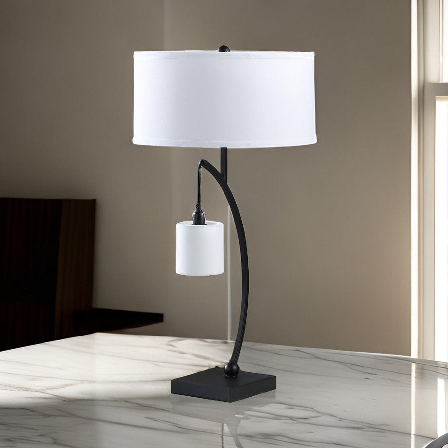Benjara Jiya 29 Inch Arc Table Lamp, Hanging Design, 2 White Drum Shades, Black