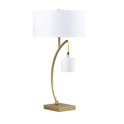 Benjara Jiya 29 Inch Arc Table Lamp, Hanging Design, 2 White Drum Shades, Gold