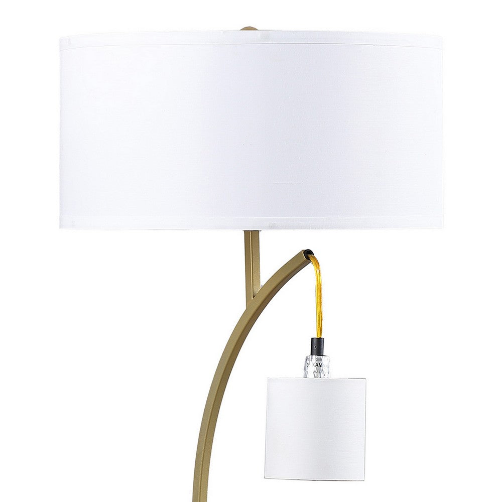Benjara Jiya 29 Inch Arc Table Lamp, Hanging Design, 2 White Drum Shades, Gold