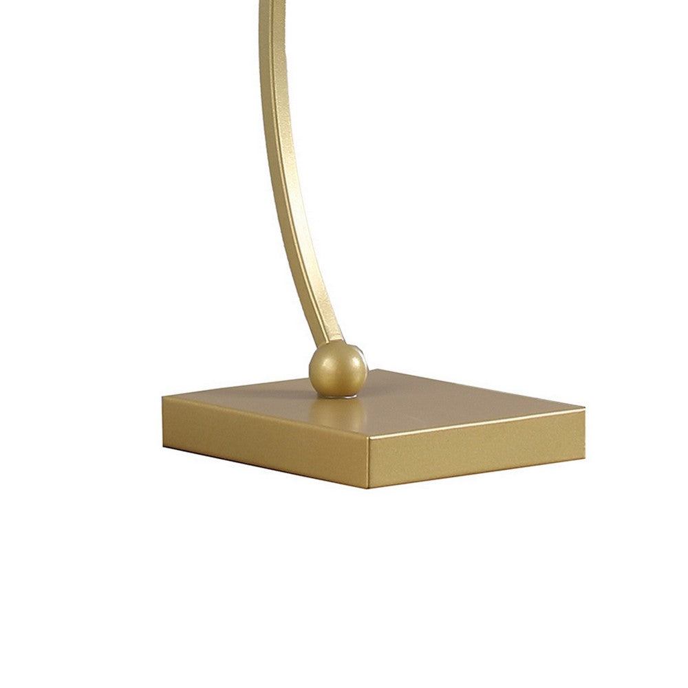 Benjara Jiya 29 Inch Arc Table Lamp, Hanging Design, 2 White Drum Shades, Gold