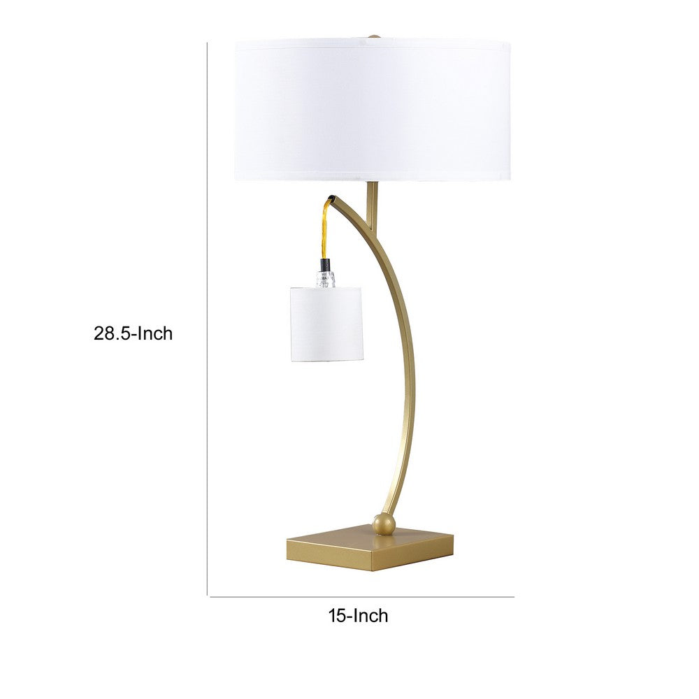 Benjara Jiya 29 Inch Arc Table Lamp, Hanging Design, 2 White Drum Shades, Gold