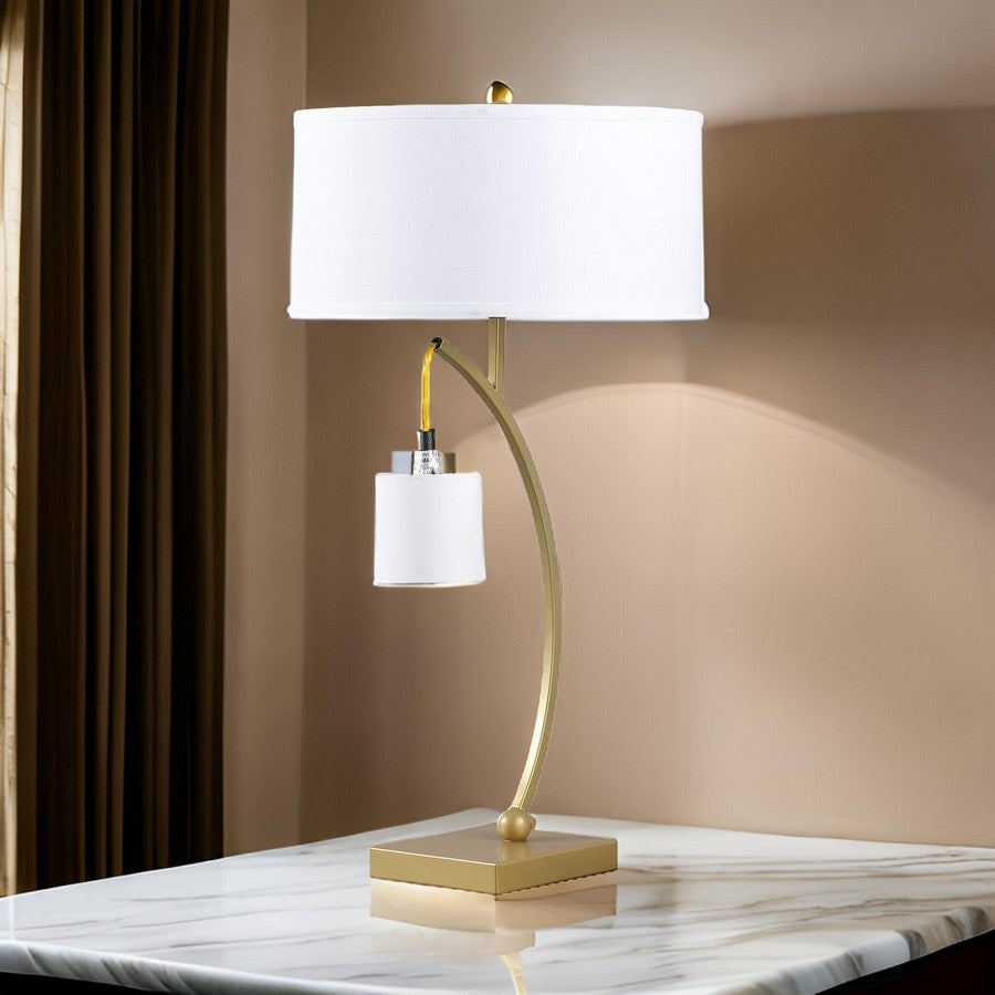 Benjara Jiya 29 Inch Arc Table Lamp, Hanging Design, 2 White Drum Shades, Gold