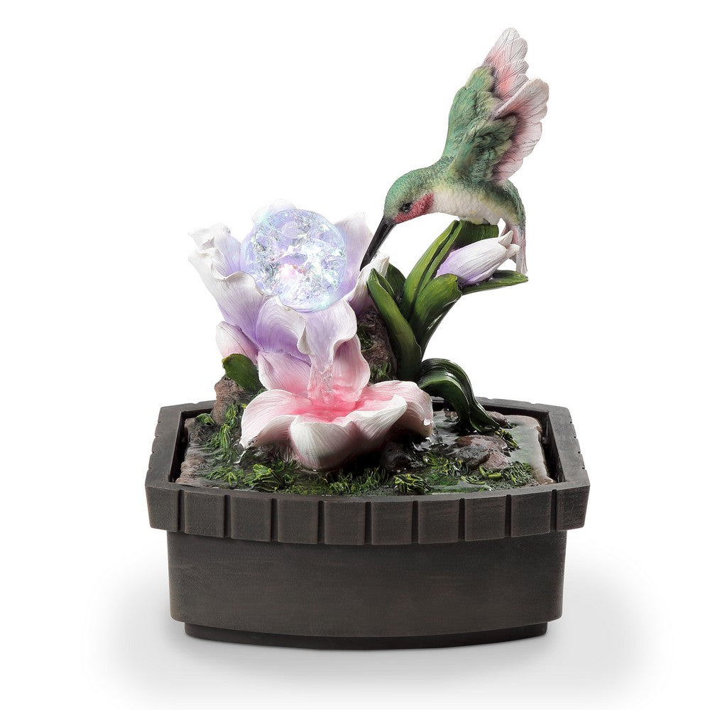 Benjara Eci 11 Inch Hummingbird Tabletop Fountain, Accent Crystal LED Light Ball