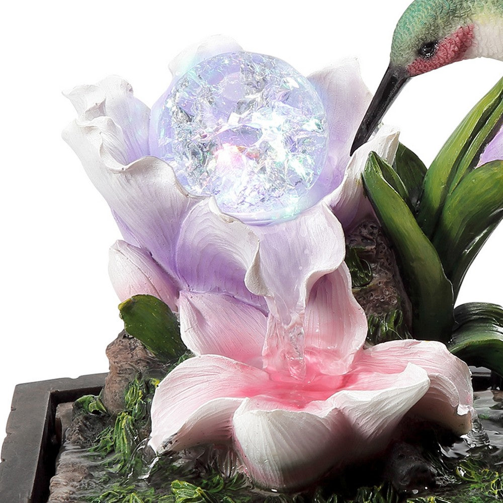 Benjara Eci 11 Inch Hummingbird Tabletop Fountain, Accent Crystal LED Light Ball