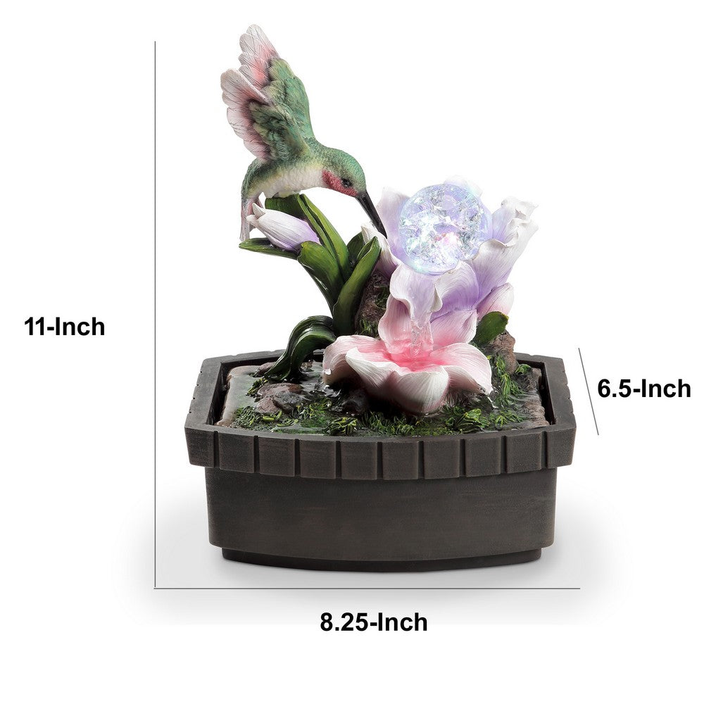 Benjara Eci 11 Inch Hummingbird Tabletop Fountain, Accent Crystal LED Light Ball