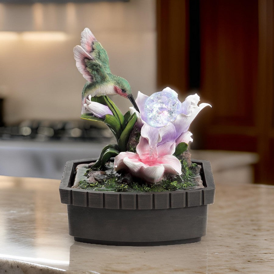 Benjara Eci 11 Inch Hummingbird Tabletop Fountain, Accent Crystal LED Light Ball