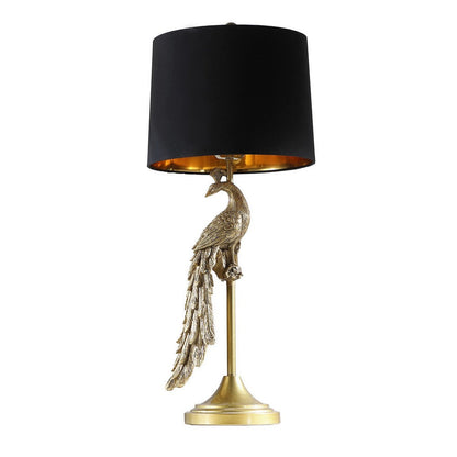 Benjara 29 Inch Peacock Table Lamp, Gold Polyresin Sculpture, Black Drum Shade