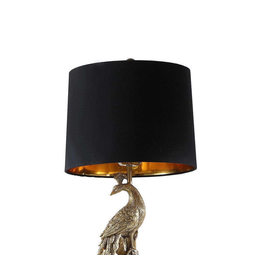 Benjara 29 Inch Peacock Table Lamp, Gold Polyresin Sculpture, Black Drum Shade