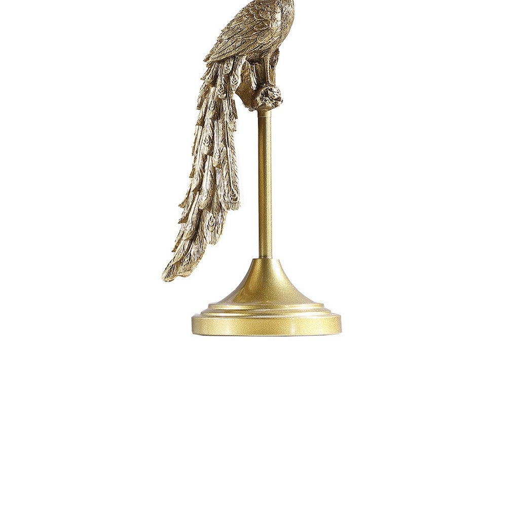 Benjara 29 Inch Peacock Table Lamp, Gold Polyresin Sculpture, Black Drum Shade