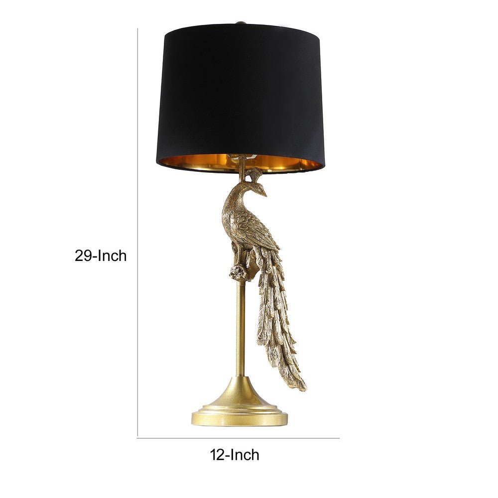 Benjara 29 Inch Peacock Table Lamp, Gold Polyresin Sculpture, Black Drum Shade