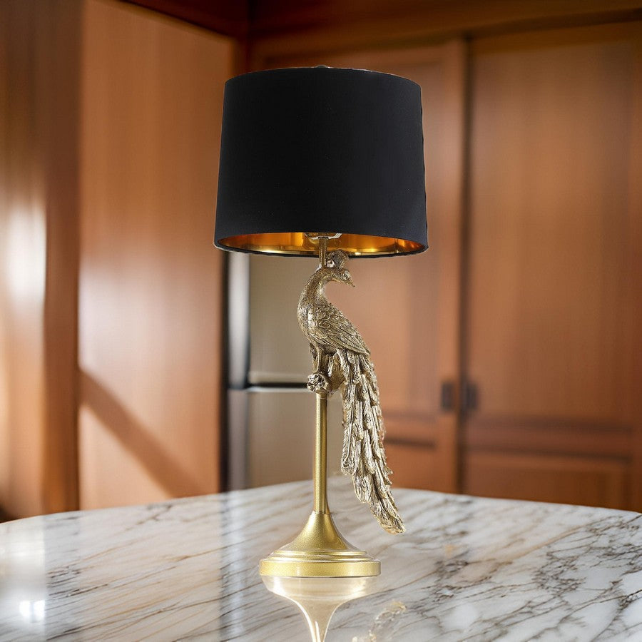Benjara 29 Inch Peacock Table Lamp, Gold Polyresin Sculpture, Black Drum Shade