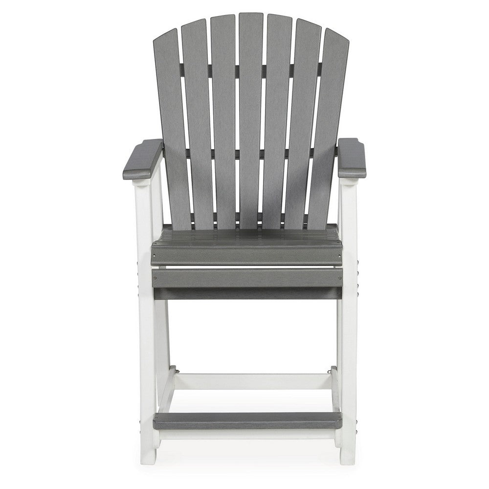 Benjara 24 Inch Counter Stool Armchair Set of 2, Outdoor Slatted, Gray, White