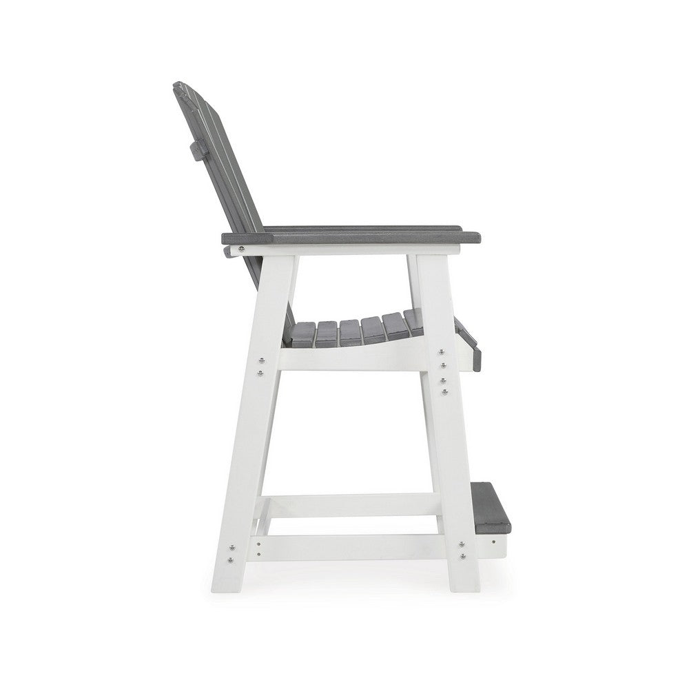 Benjara 24 Inch Counter Stool Armchair Set of 2, Outdoor Slatted, Gray, White