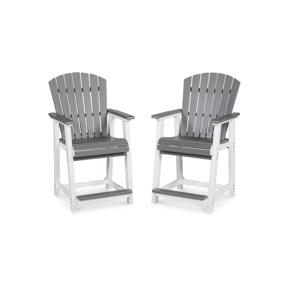 Benjara 24 Inch Counter Stool Armchair Set of 2, Outdoor Slatted, Gray, White