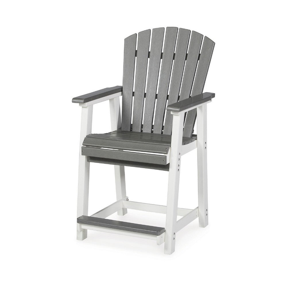 Benjara 24 Inch Counter Stool Armchair Set of 2, Outdoor Slatted, Gray, White