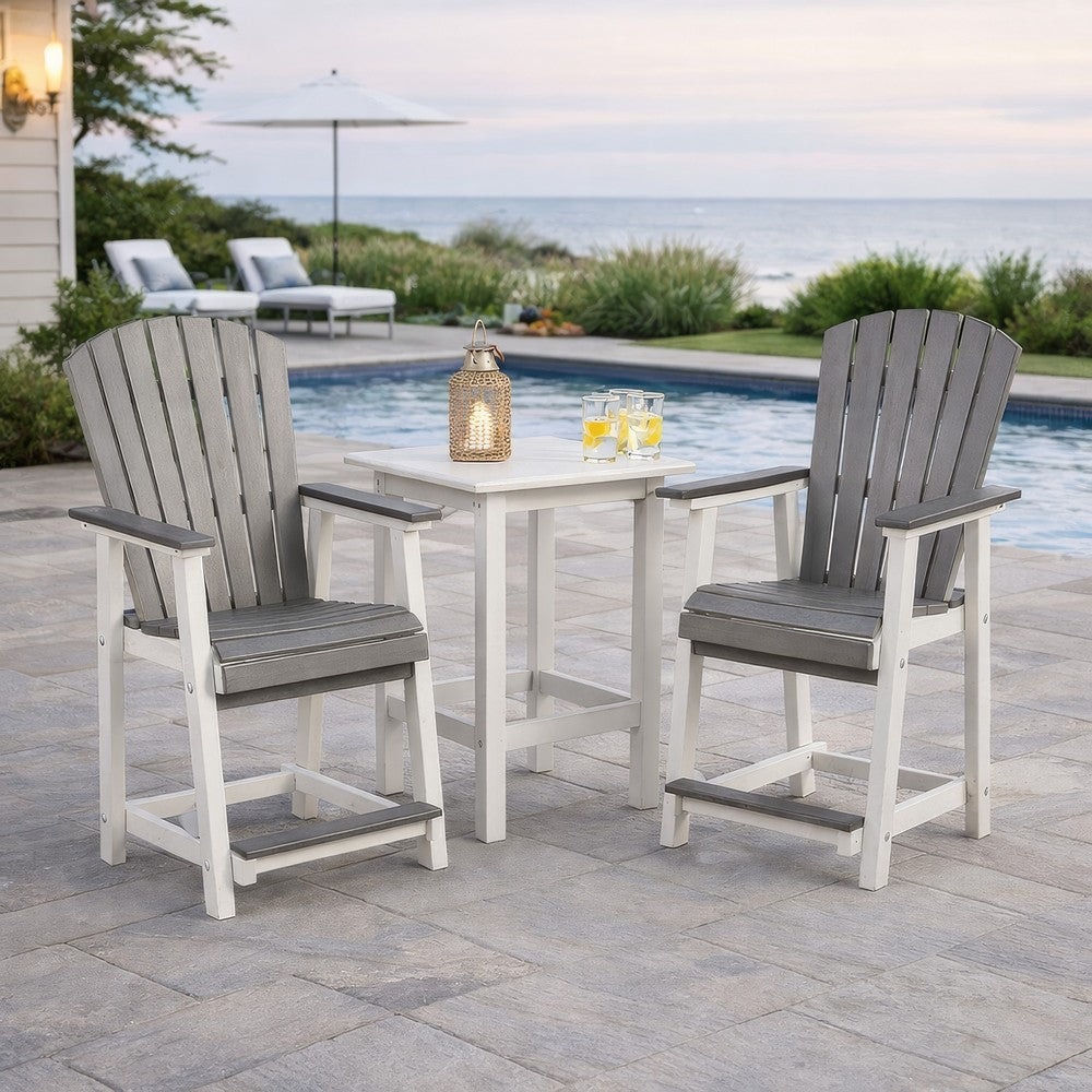 Benjara 24 Inch Counter Stool Armchair Set of 2, Outdoor Slatted, Gray, White