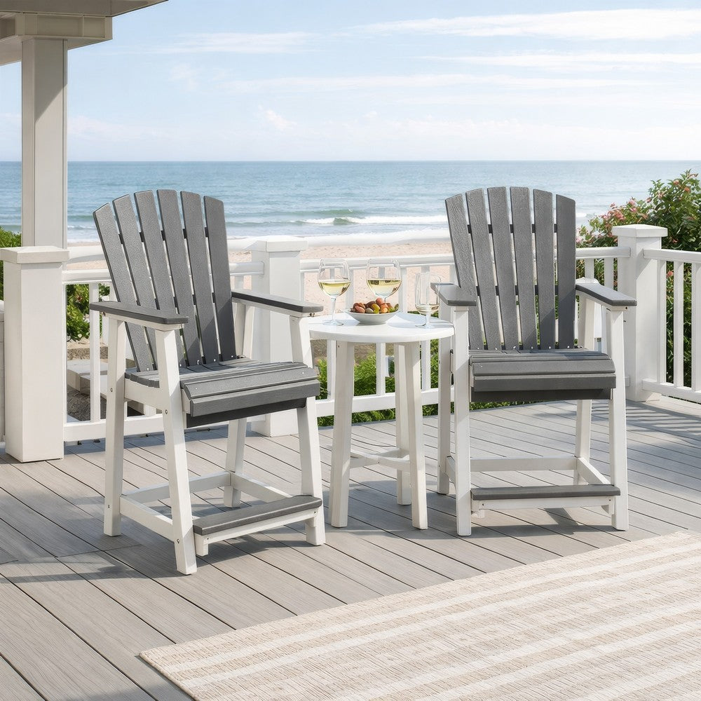 Benjara 24 Inch Counter Stool Armchair Set of 2, Outdoor Slatted, Gray, White