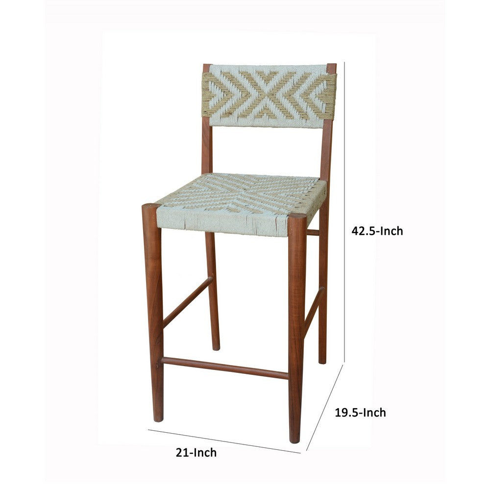 Benjara Cero 29 Inch Barstool Chair Set of 2, Wood, Cotton Woven, Brown, Gray