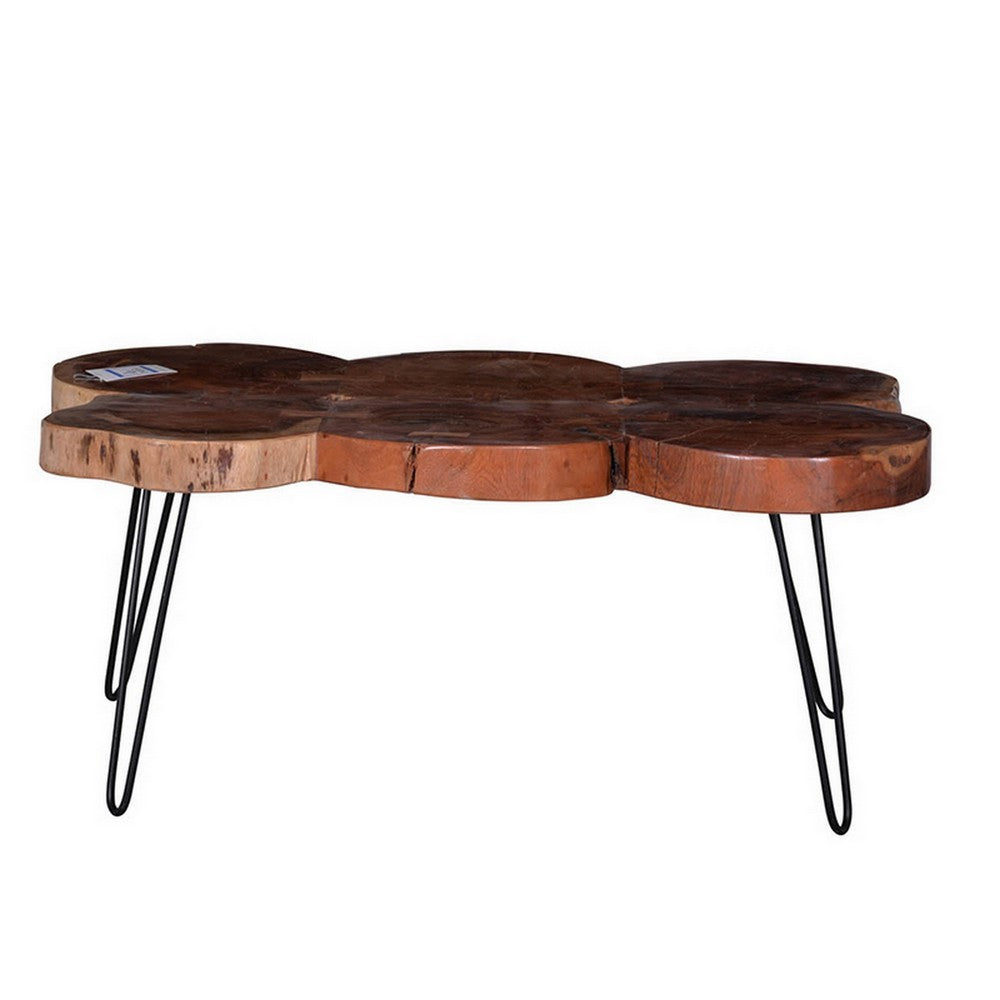Benjara 39 Inch Coffee Table, Acacia Wood Top, Angled Metal Support Legs, Brown