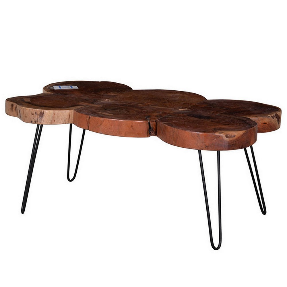 Benjara 39 Inch Coffee Table, Acacia Wood Top, Angled Metal Support Legs, Brown