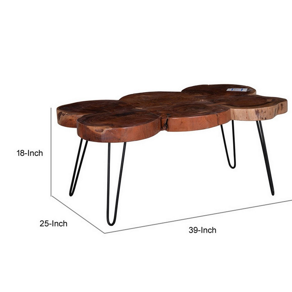 Benjara 39 Inch Coffee Table, Acacia Wood Top, Angled Metal Support Legs, Brown