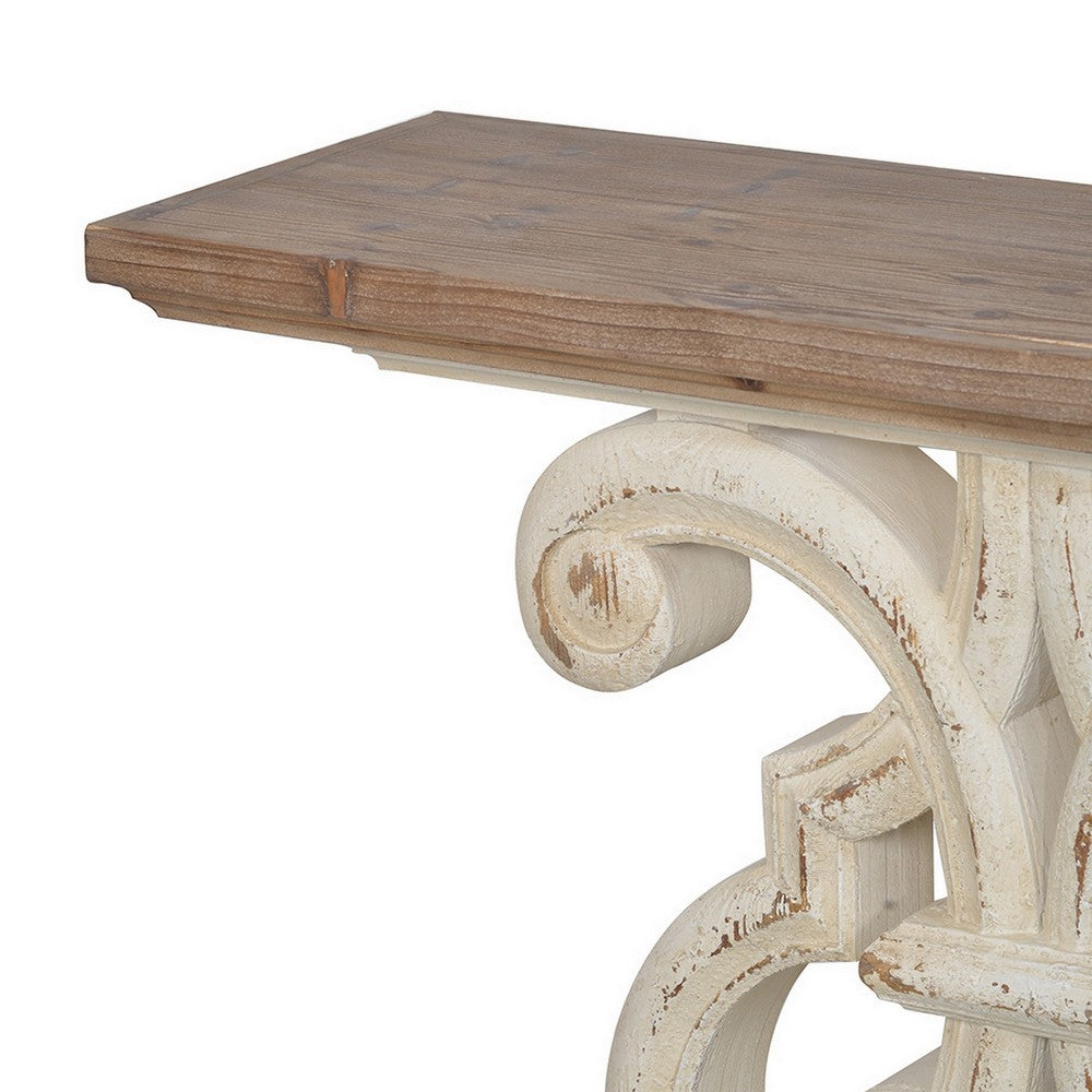 Benjara 43 Inch Sofa Console Table, Wide Top, Firwood Frame, White And Brown Finish
