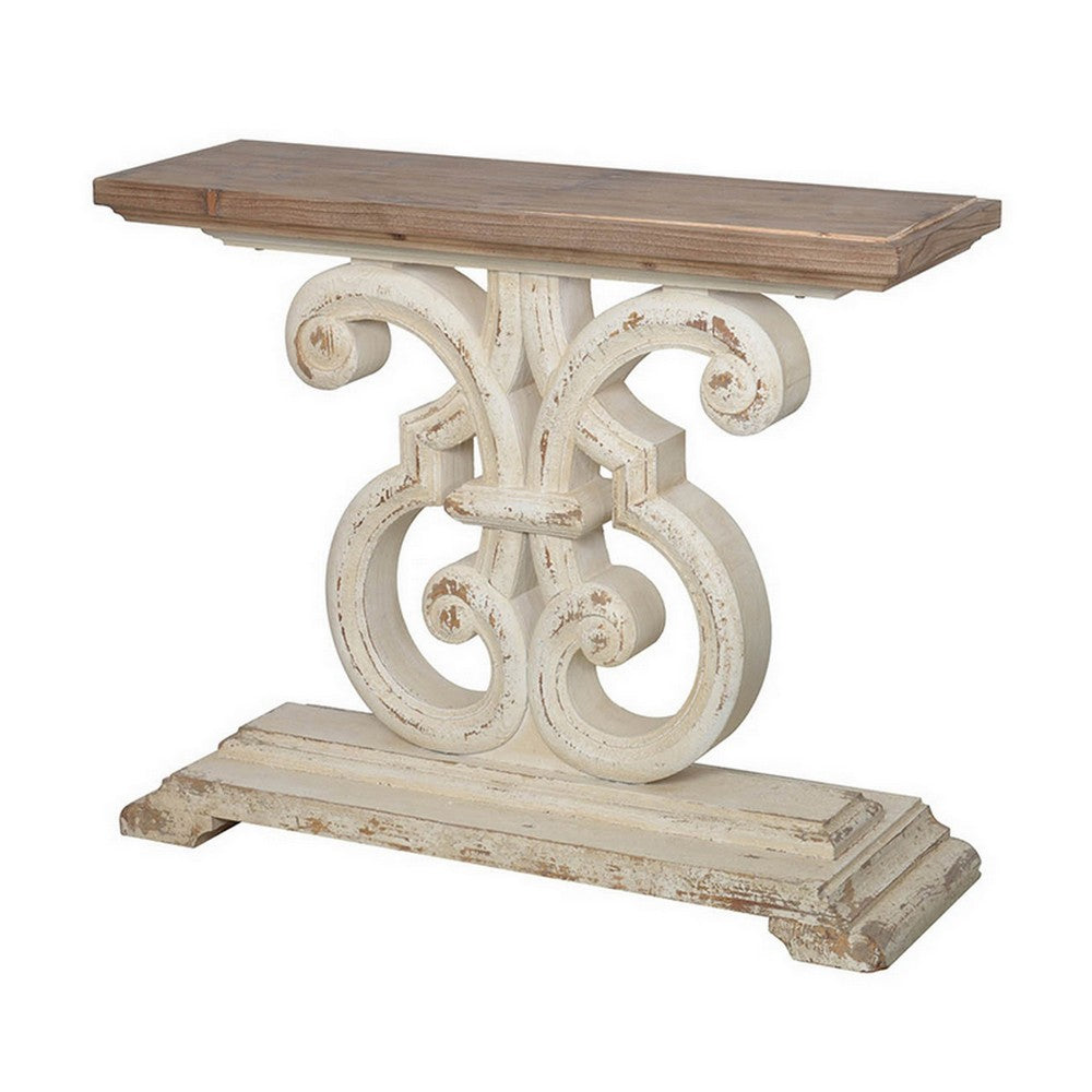 Benjara 43 Inch Sofa Console Table, Wide Top, Firwood Frame, White And Brown Finish