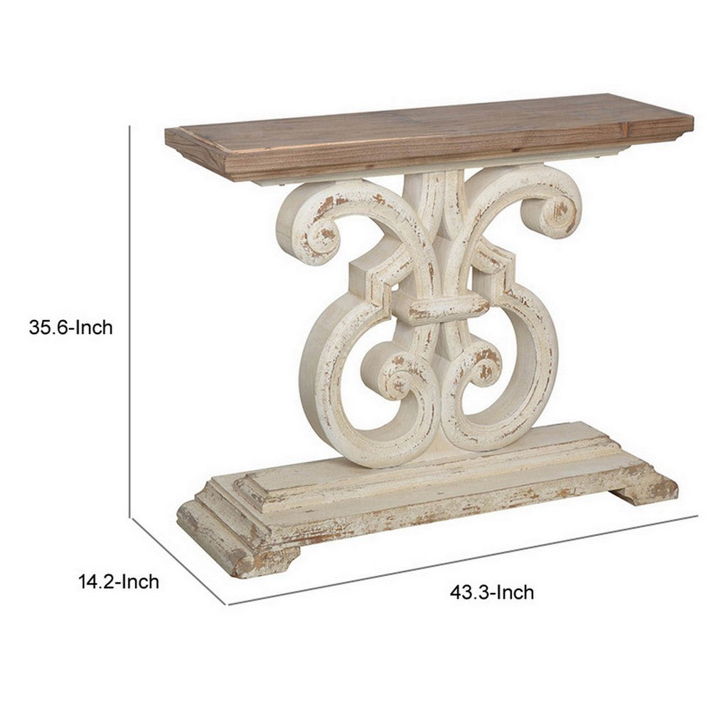 Benjara 43 Inch Sofa Console Table, Wide Top, Firwood Frame, White And Brown Finish