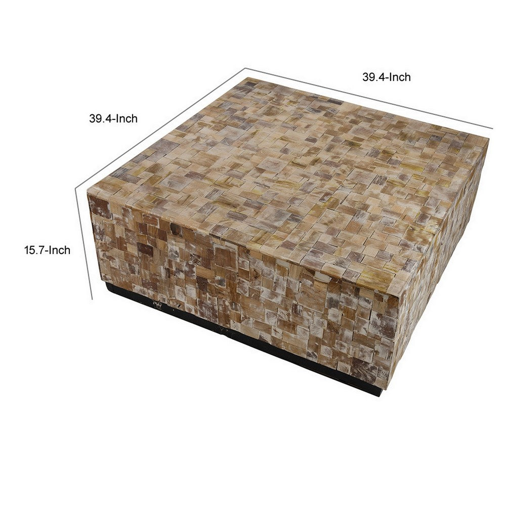 Benjara 39 Inch Coffee Table, Square Shape Platform Base, Resin, Wood, Brown