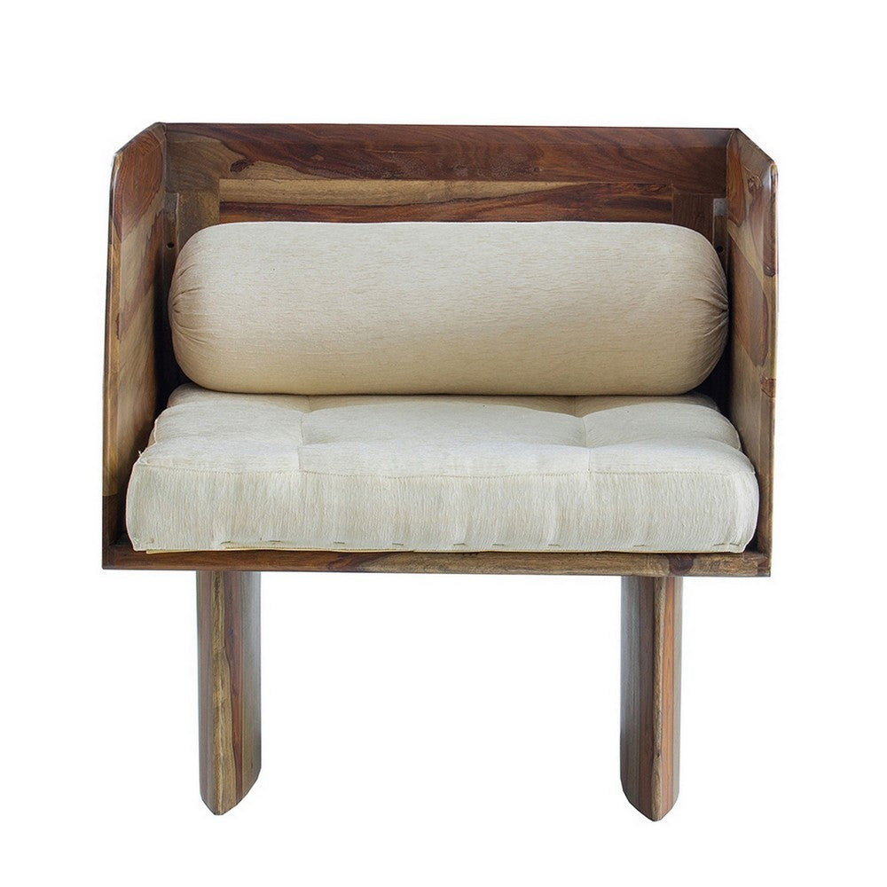 Benjara 30 Inch Accent Chair, Panel-Style Legs, Tufted, Brown Wood, Beige Cotton