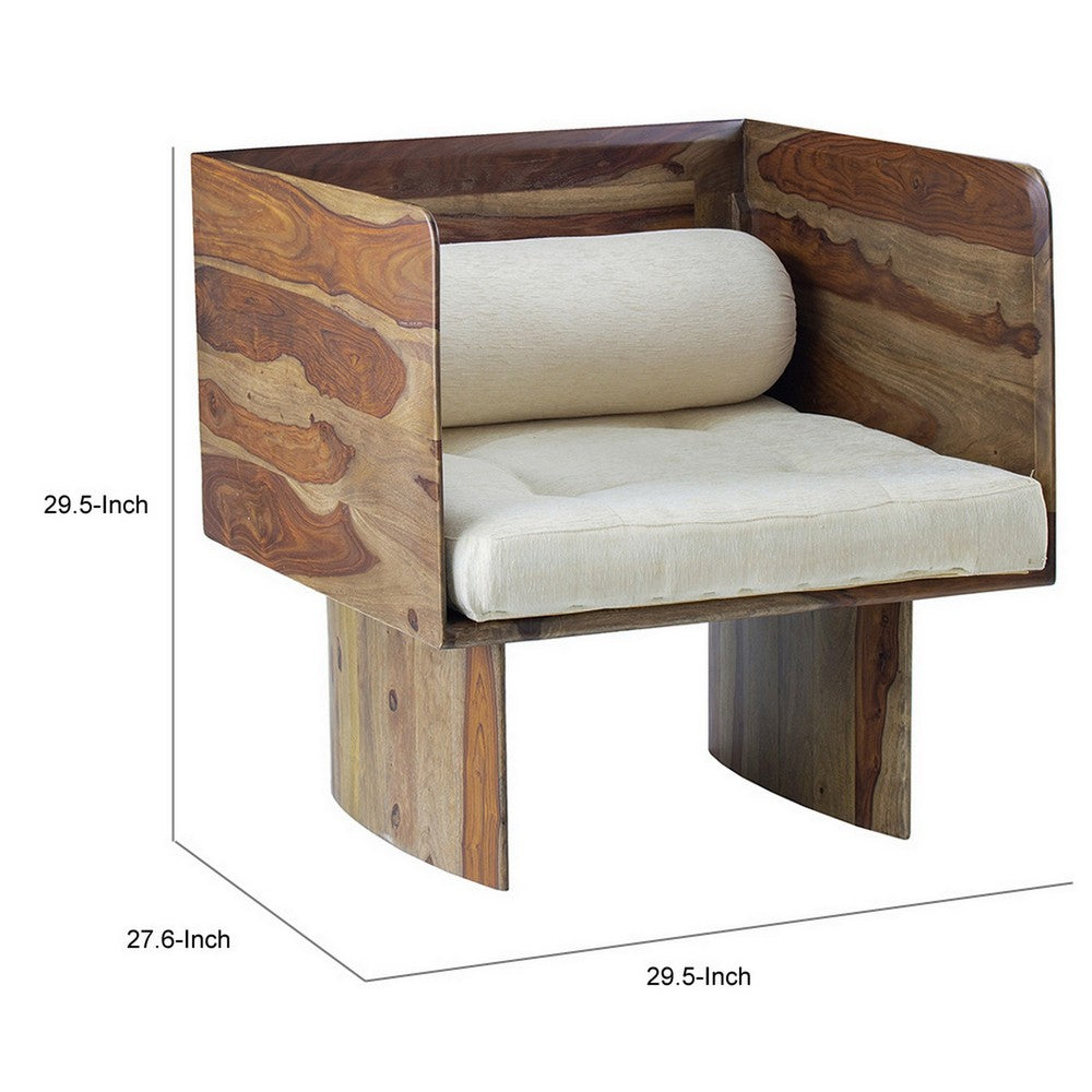 Benjara 30 Inch Accent Chair, Panel-Style Legs, Tufted, Brown Wood, Beige Cotton