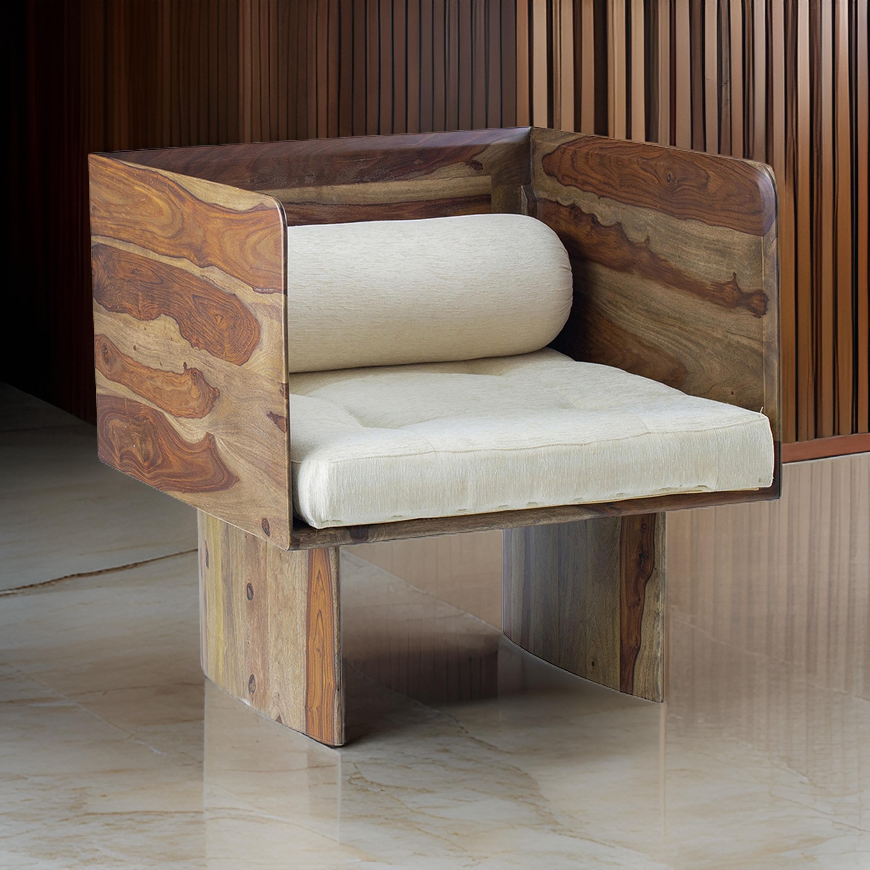 Benjara 30 Inch Accent Chair, Panel-Style Legs, Tufted, Brown Wood, Beige Cotton