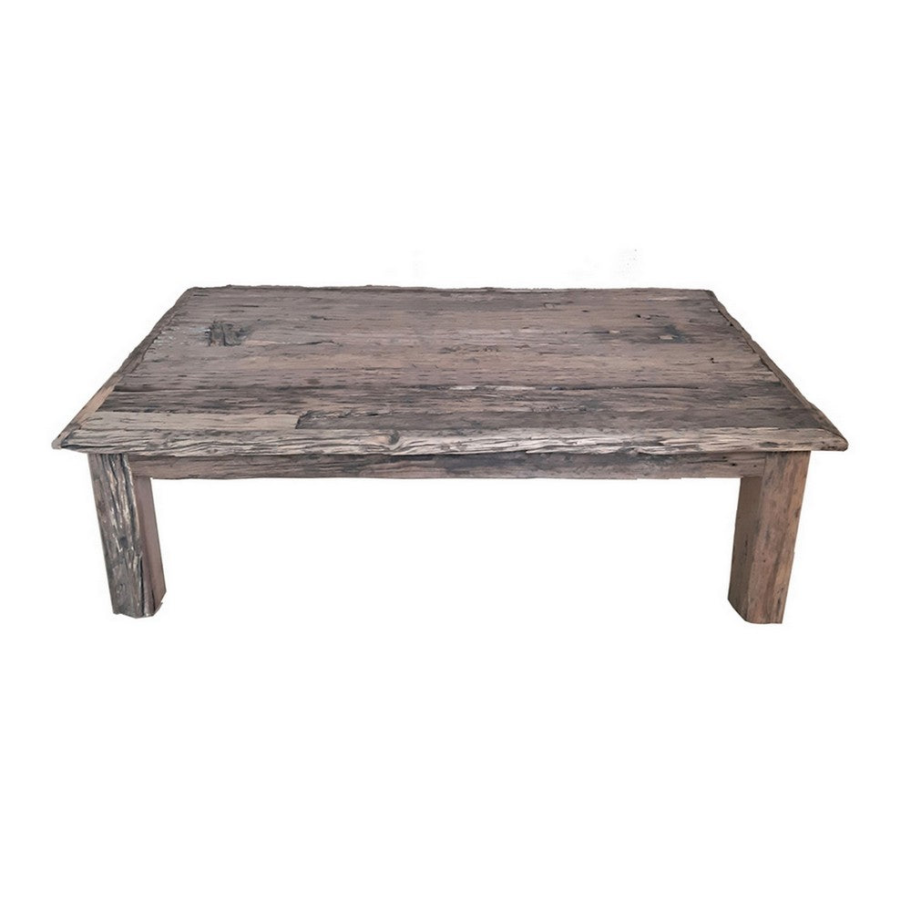 Benjara 59 Inch Rustic Coffee Table, Rectangular Top, Old Antique Wood, Brown