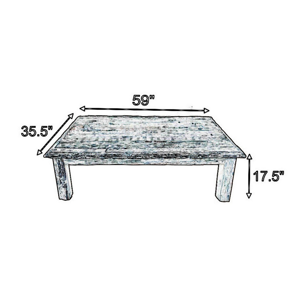 Benjara 59 Inch Rustic Coffee Table, Rectangular Top, Old Antique Wood, Brown