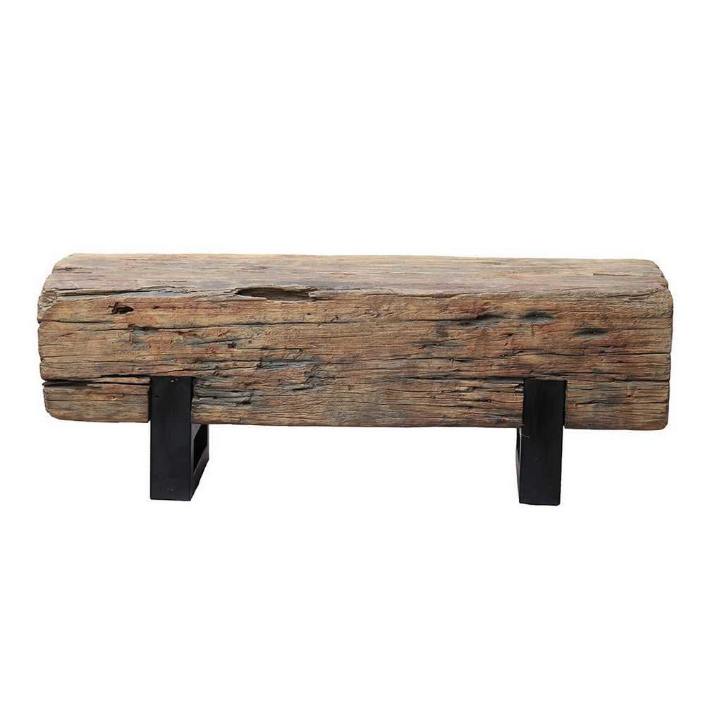 Benjara 47 Inch Accent Bench, Log Design Solid Wood Seat, Classic Brown Finish