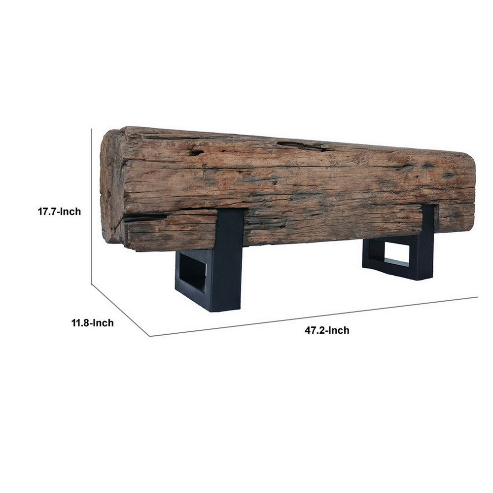 Benjara 47 Inch Accent Bench, Log Design Solid Wood Seat, Classic Brown Finish