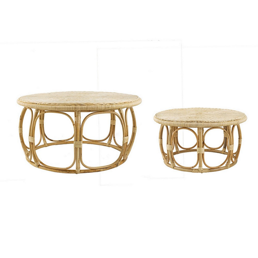 Benjara 32, 40 Inch Coffee Table Set of 2, Round Tops, Handwoven Rattan, Brown